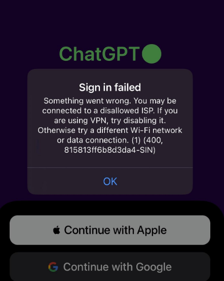 ChatGPT提示You may be connected to a disallowed ISP